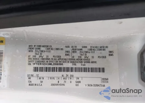 2021 Ford Ranger Xl from USA, damaged, VIN 1FTER1EH3MLD08090